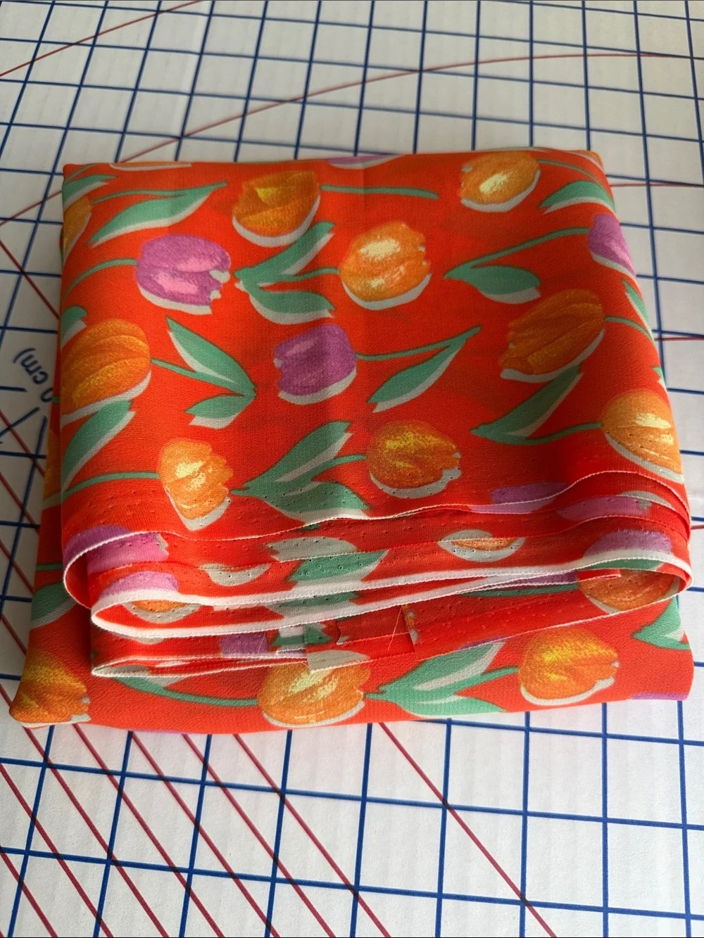 Vintage John Kaldor Fabric 3 Yds Tulip Floral Orange/Red Crepe Semi Sheer 44”